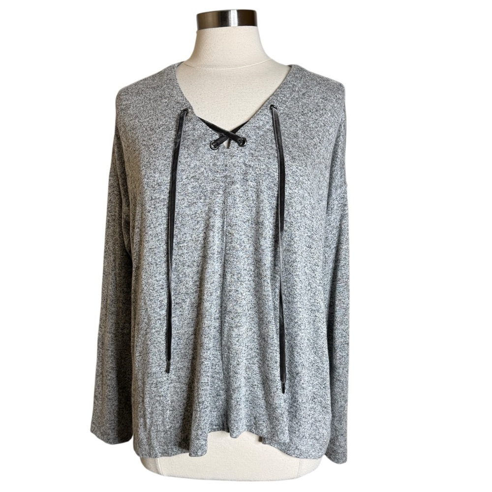Rails Leigh Melange Gray Pullover Top Long Sleeve Lace Up‎ Shirt Women's Large
